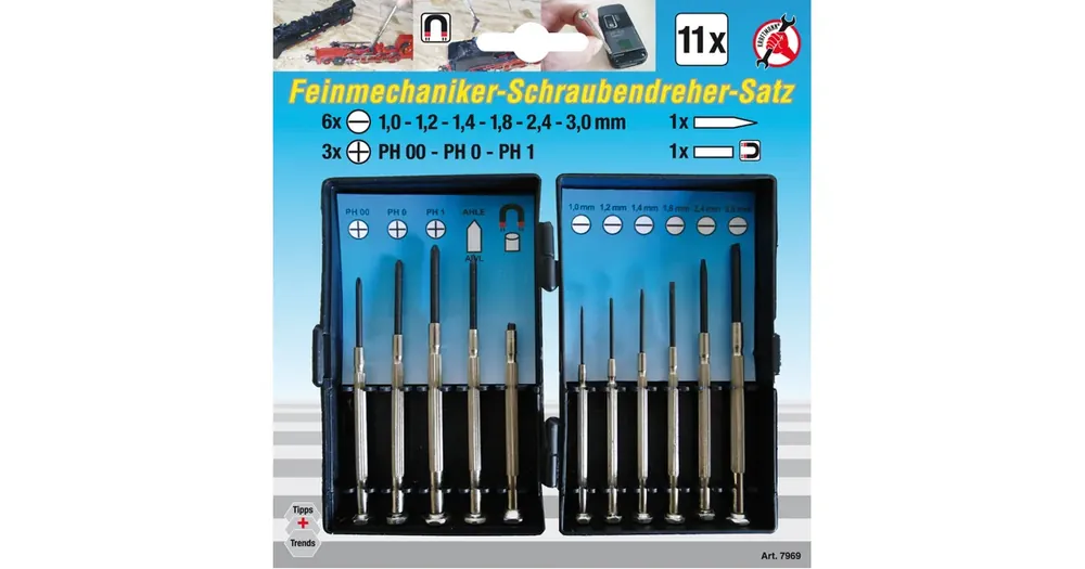 Akce BGS Šroubováky hodin. PL 1,0 - 3,0 mm, PH 00-0-1, sada 11 dílů