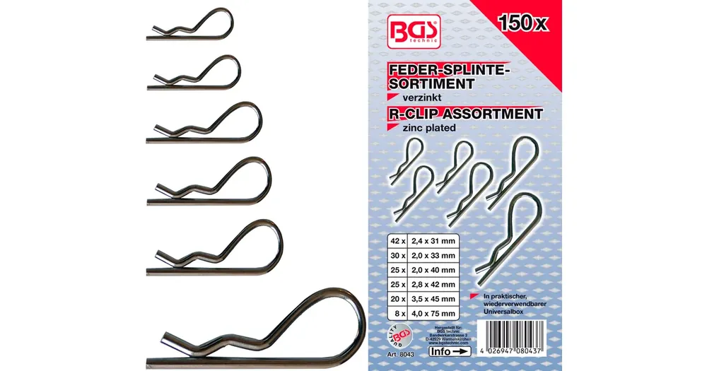 Cenová Bomba BGS Pružinová závlačka, sada 150 dílů, PVC kazeta