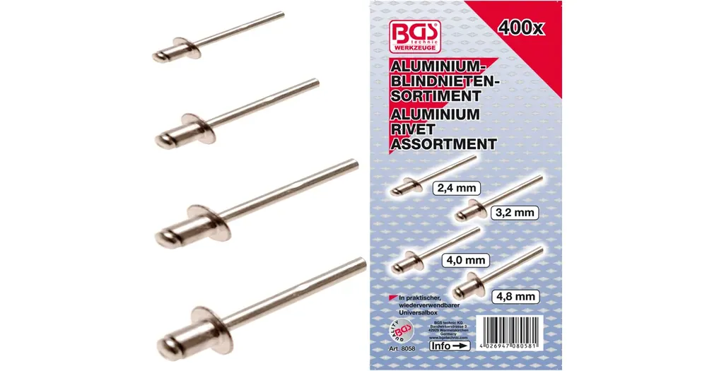 BGS Nýty trhací, sada 400 dílů, PVC kazeta Novinka