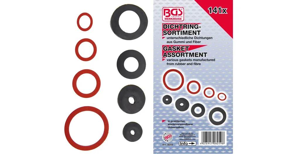 Doprava Zdarma BGS Těsnící kroužky - guma, fiber a klingerit, sada 141 dílů, PVC kazeta