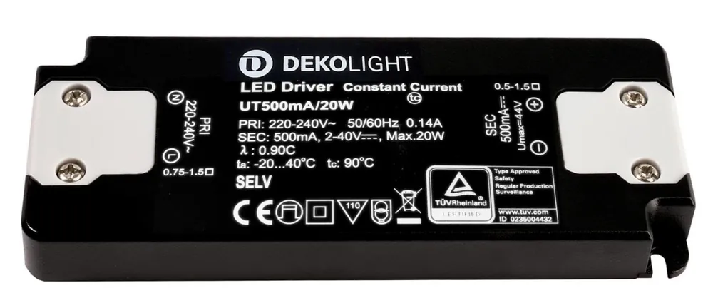 Zlevněný Deko-Light LED-napájení FLAT, CC, UT500mA/20W konstantní proud 500 mA IP20 2-40V DC 1,00-20,00 W - LIGHT IMPRESSIONS