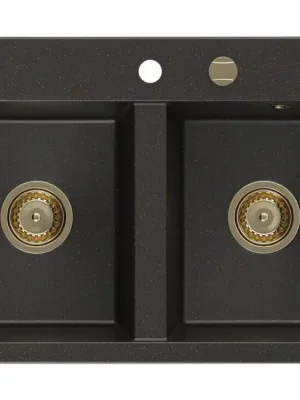 Akční Nabídka MEXEN/S - Hektor granitový dřez 2-bowl 800 x 480 mm, černá/zlatá metalik, zlatý sifon 6521802000-75-G