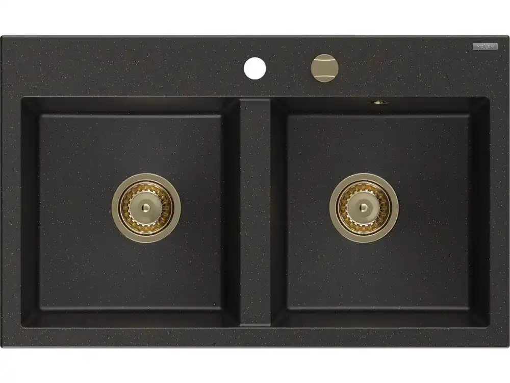 Akční Nabídka MEXEN/S - Hektor granitový dřez 2-bowl 800 x 480 mm, černá/zlatá metalik, zlatý sifon 6521802000-75-G