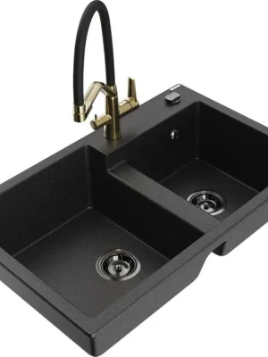 MEXEN/S - Tomas granitový dřez 2-bowly včetně baterie Duo, černá/stříbrná metalik 6516-73-671701-57-B Cenový Hit