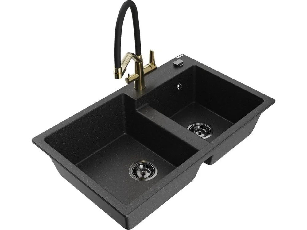 MEXEN/S - Tomas granitový dřez 2-bowly včetně baterie Duo, černá/stříbrná metalik 6516-73-671701-57-B Cenový Hit