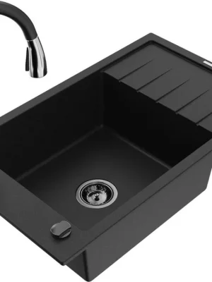 MEXEN/S - Elias Elias granitový dřez 1-miska s odkapávačem včetně baterie Savita, černá 6511-77-672601-70-B Nízká Cena