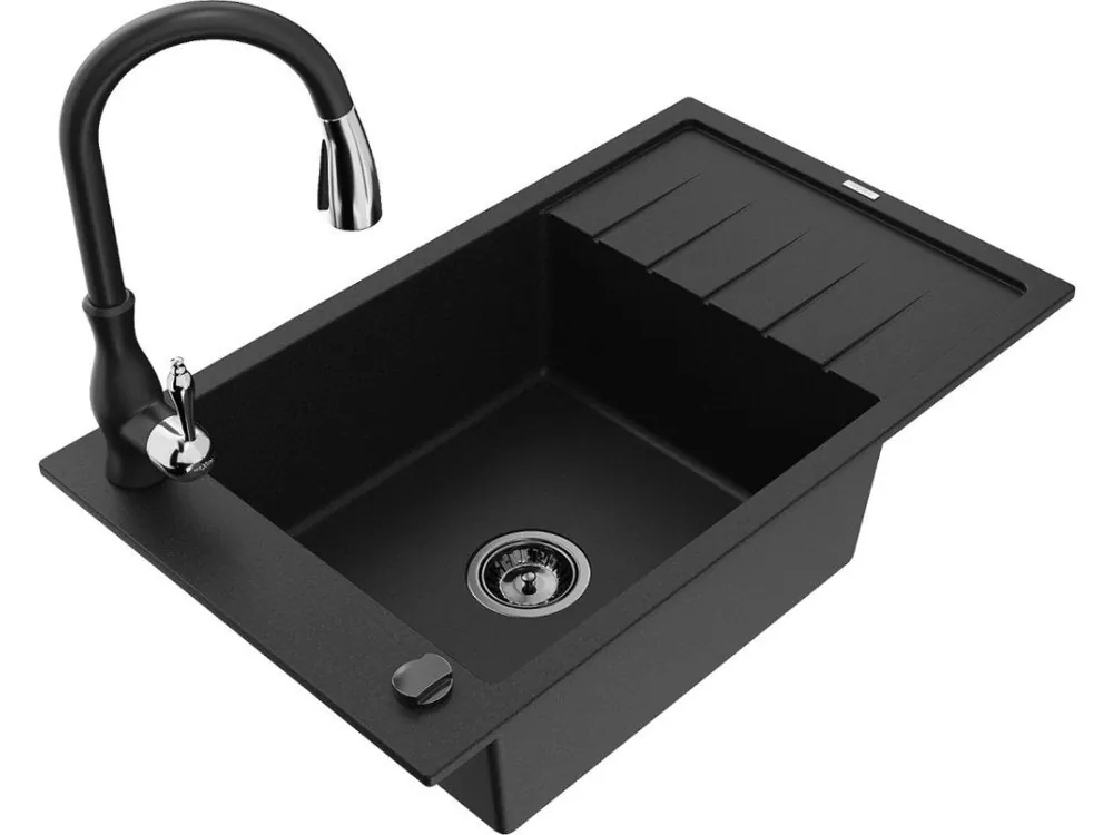 MEXEN/S - Elias Elias granitový dřez 1-miska s odkapávačem včetně baterie Savita, černá 6511-77-672601-70-B Nízká Cena