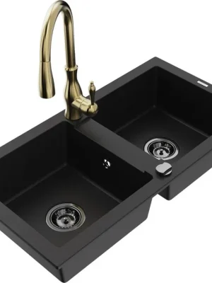 Cenově Výhodný MEXEN/S - Mario granitový dřez 2-bowly včetně baterie Savita, černá 6504-77-672601-50-B