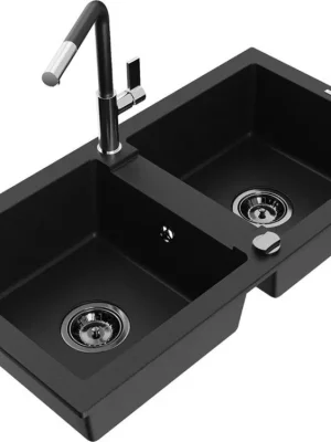 MEXEN/S - Mario granitový dřez 2-bowl včetně baterie Flora, černá 6504-77-670401-07-B Výhodná Nabídka