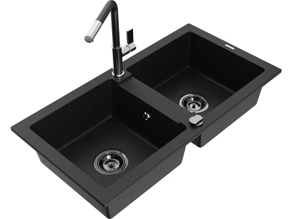 MEXEN/S - Mario granitový dřez 2-bowl včetně baterie Flora, černá 6504-77-670401-07-B Výhodná Nabídka