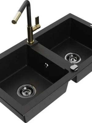 Nízká Cena MEXEN/S - Mario granitový dřez 2-bowl včetně baterie Flora, černá 6504-77-670401-57-B
