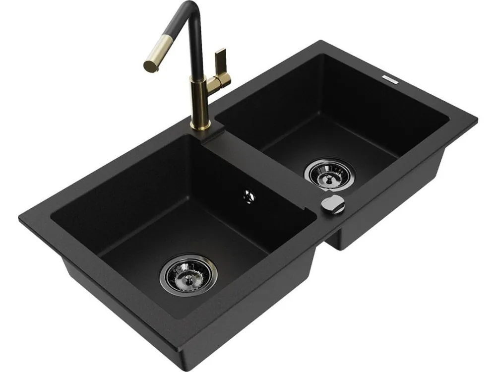 Nízká Cena MEXEN/S - Mario granitový dřez 2-bowl včetně baterie Flora, černá 6504-77-670401-57-B
