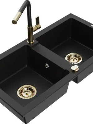 MEXEN/S - Mario granitový dřez 2-bowl včetně baterie Flora, černá 6504-77-670401-57-G Značkový