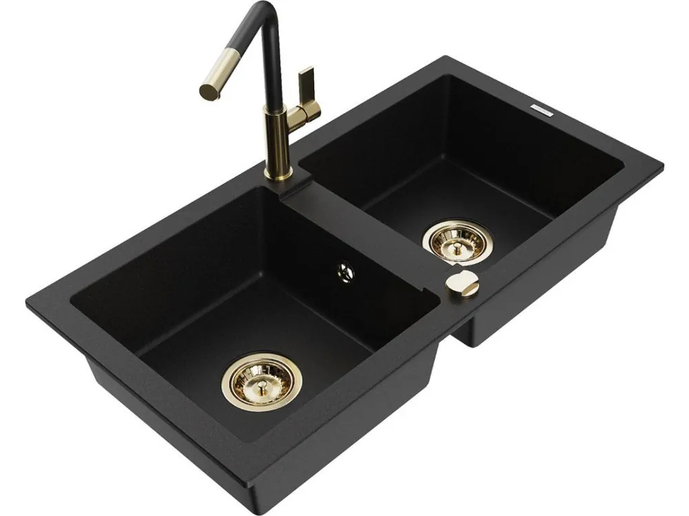 MEXEN/S - Mario granitový dřez 2-bowl včetně baterie Flora, černá 6504-77-670401-57-G Značkový