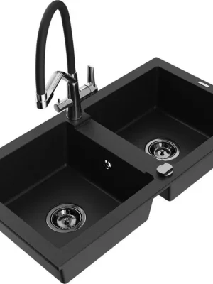 Novinka MEXEN/S - Mario granitový dřez 2-bowly včetně baterie Duo, černá 6504-77-671701-07-B