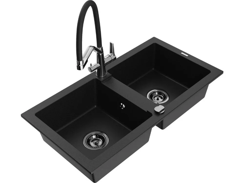Novinka MEXEN/S - Mario granitový dřez 2-bowly včetně baterie Duo, černá 6504-77-671701-07-B