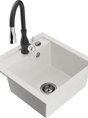 Zlevněný MEXEN/S - Vito granitový dřez 1-miska včetně baterie Savita, bílá 6503-20-672601-70