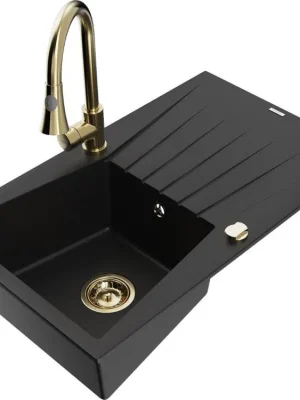 Značkový MEXEN/S - Cesar granitový dřez 1 s odkapávačem včetně baterie Elia, černá 6514-77-670101-50