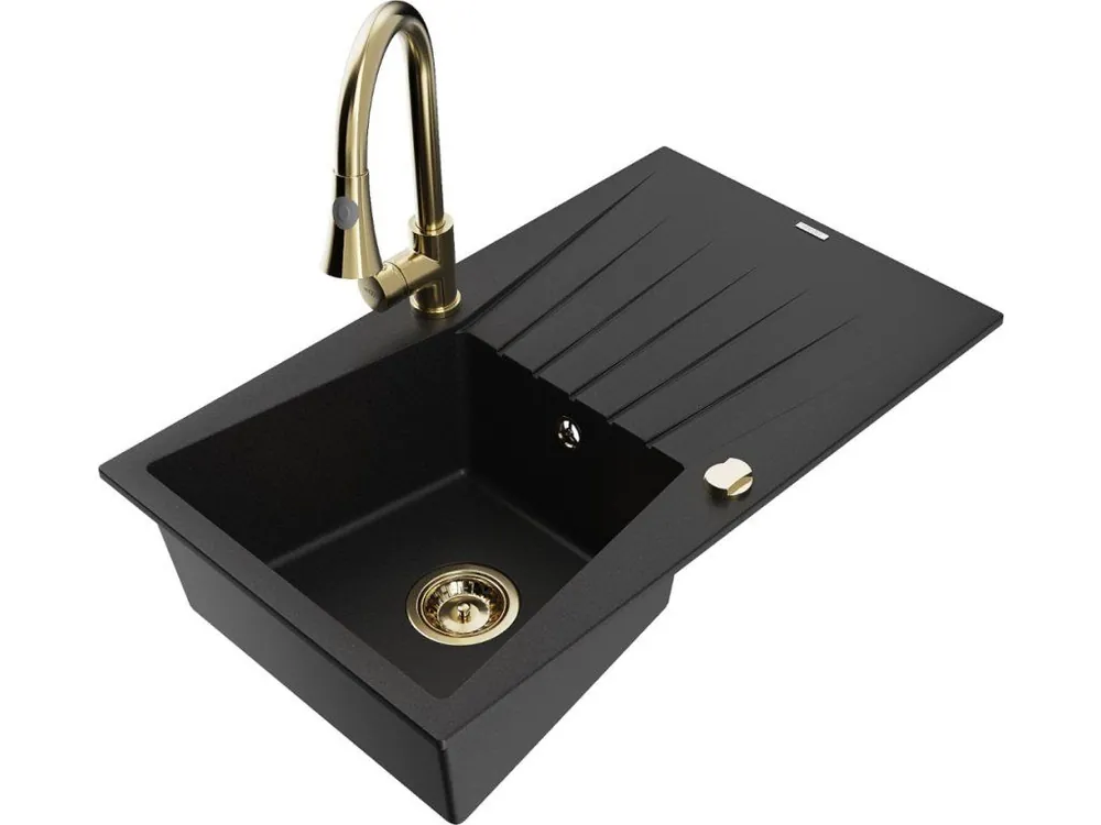 Značkový MEXEN/S - Cesar granitový dřez 1 s odkapávačem včetně baterie Elia, černá 6514-77-670101-50