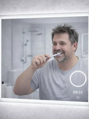 LED zrcadlo TIME SPIRAL 80x65 cm s hodinami a kosmetickým zrcátkem Levný