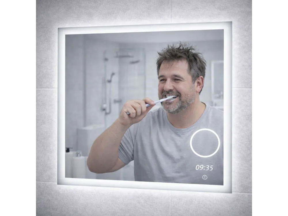 LED zrcadlo TIME SPIRAL 80x65 cm s hodinami a kosmetickým zrcátkem Levný