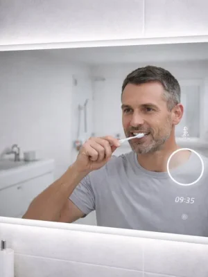 LED zrcadlo TIME SPIRAL 100x65 cm, hodiny, kosmetické zrcátko, nastavitelné osvětlení, systém proti zamlžování Zlevněný