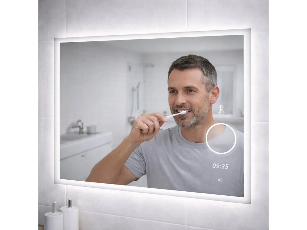 LED zrcadlo TIME SPIRAL 100x65 cm, hodiny, kosmetické zrcátko, nastavitelné osvětlení, systém proti zamlžování Zlevněný