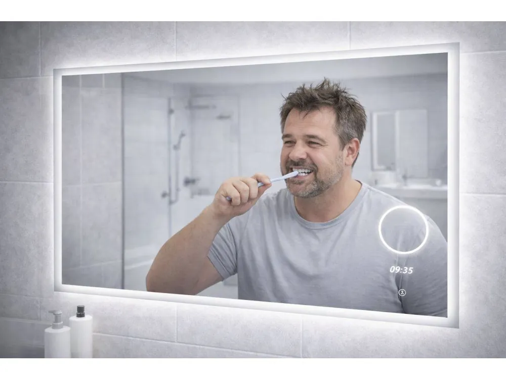Speciální Cena LED zrcadlo TIME SPIRAL 160x65 cm, hodiny, kosmetické zrcátko, nastavitelné osvětlení, systém proti zamlžování