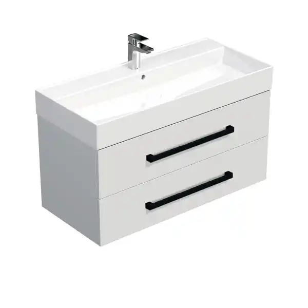 Značkový Koupelnová skříňka s černou úchytkou a umyvadlem SAT Cube Way 100x53x46 cm bílá lesk CUBE46C1002BISAT