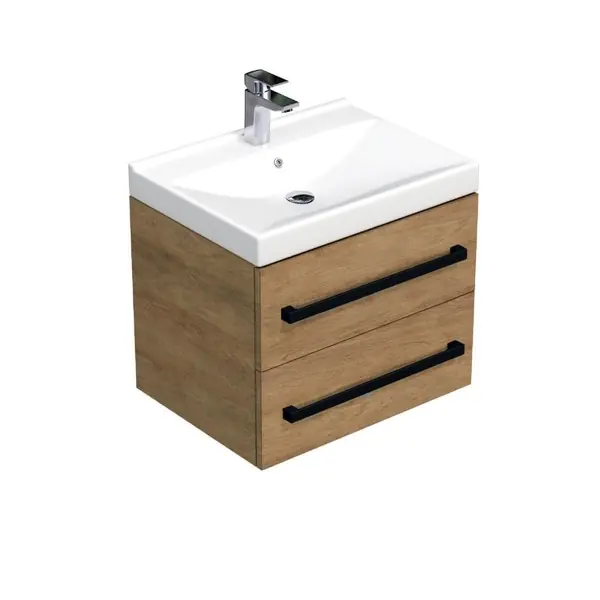 Zlevněný Koupelnová skříňka s černou úchytkou a umyvadlem SAT Cube Way 60x53x46 cm dub Hickory mat CUBE46C602DHVER