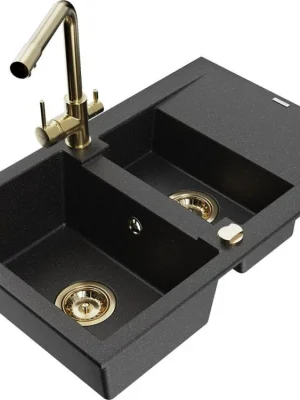 Zlevněný MEXEN/S - Gaspar granitový dřez 1.5 s odkapávačem včetně baterie Duero, černá/stříbrná 6507-73-671600-50