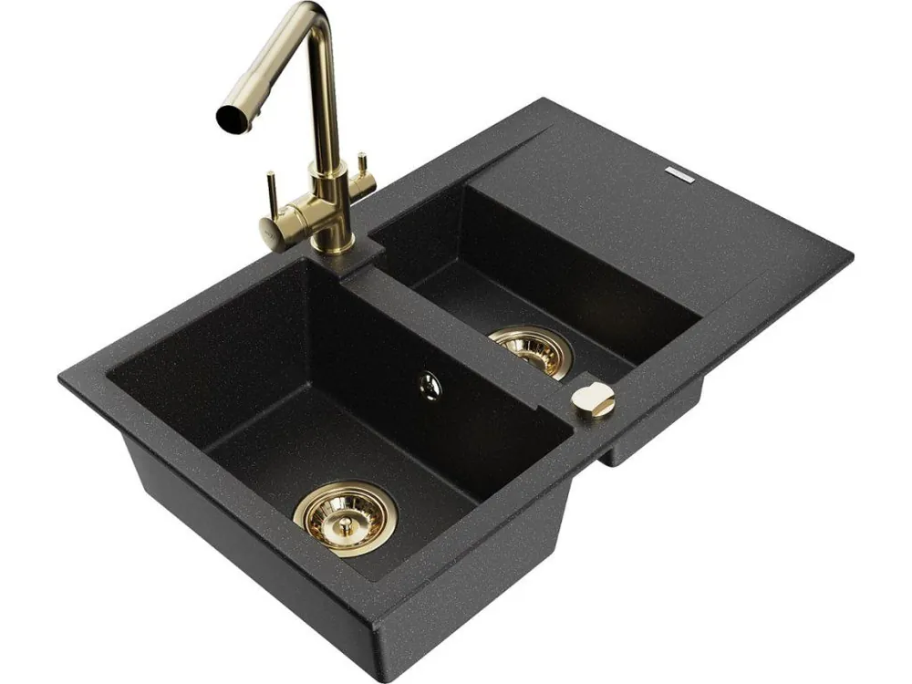 Zlevněný MEXEN/S - Gaspar granitový dřez 1.5 s odkapávačem včetně baterie Duero, černá/stříbrná 6507-73-671600-50