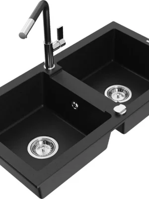 Zlevněný MEXEN/S - Mario granitový dřez 2-bowl včetně baterie Flora, černá 6504-77-670401-07