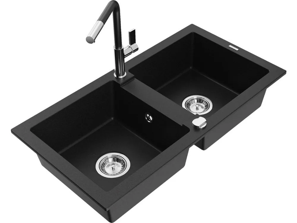 Zlevněný MEXEN/S - Mario granitový dřez 2-bowl včetně baterie Flora, černá 6504-77-670401-07