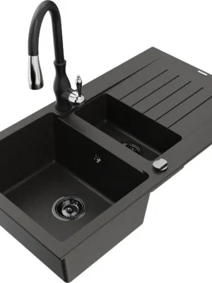 Značkový MEXEN/S - Matias granitový dřez 1.5 z ociekaczem včetně baterie Savita, černá/zlatá 6502-75-672601-70-B