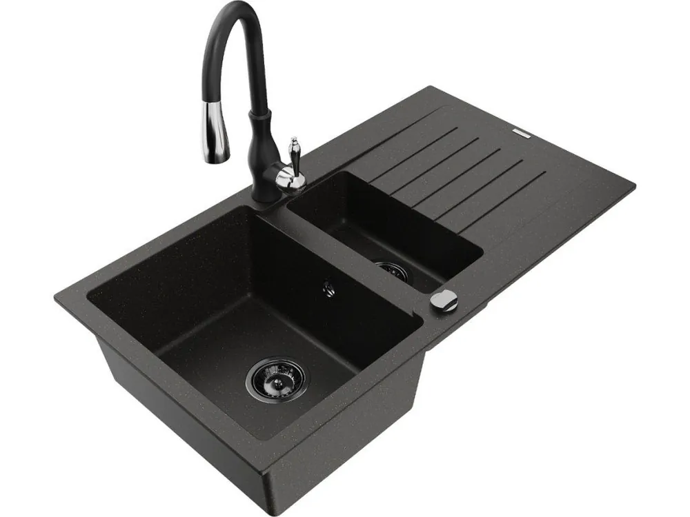 Značkový MEXEN/S - Matias granitový dřez 1.5 z ociekaczem včetně baterie Savita, černá/zlatá 6502-75-672601-70-B