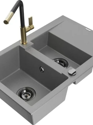 Značkový MEXEN/S - Gaspar granitový dřez 1.5 s odkapávačem včetně baterie Flora, šedá 6507-71-670401-57-B