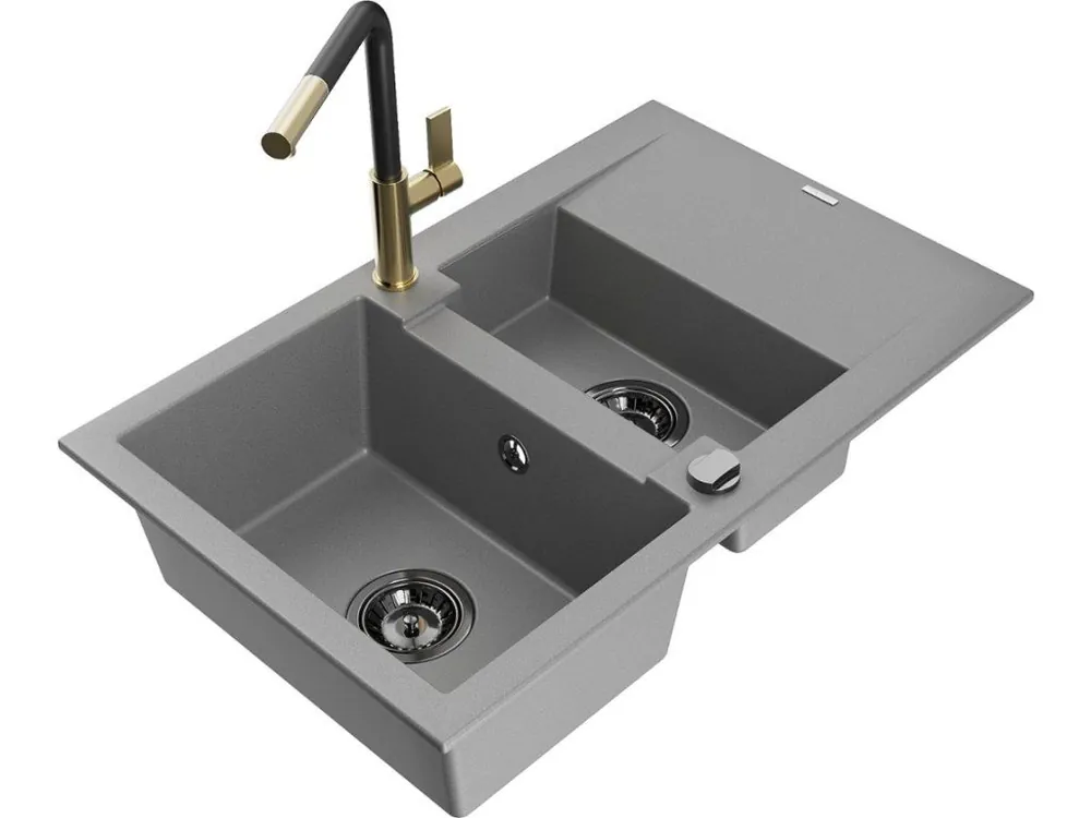 Značkový MEXEN/S - Gaspar granitový dřez 1.5 s odkapávačem včetně baterie Flora, šedá 6507-71-670401-57-B