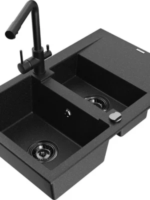 Značkový MEXEN/S - Gaspar granitový dřez 1.5 s odkapávačem včetně baterie Duero, černá/stříbrná 6507-73-671600-70-B