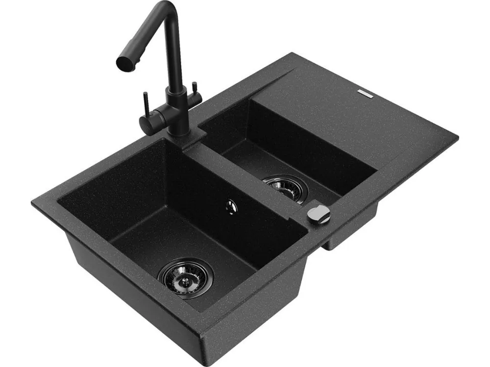 Značkový MEXEN/S - Gaspar granitový dřez 1.5 s odkapávačem včetně baterie Duero, černá/stříbrná 6507-73-671600-70-B