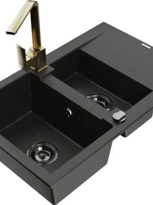 Zlevněný MEXEN/S - Gaspar granitový dřez 1.5 s odkapávačem včetně baterie Rita, černý/zlatý  6507-75-670300-50-B