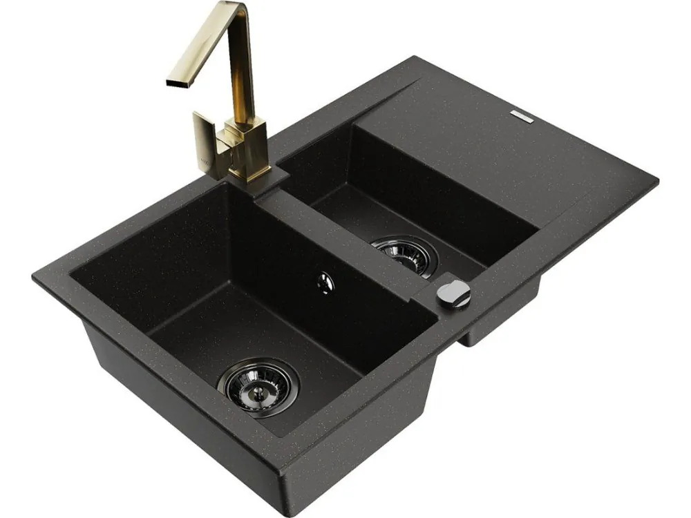 Zlevněný MEXEN/S - Gaspar granitový dřez 1.5 s odkapávačem včetně baterie Rita, černý/zlatý  6507-75-670300-50-B