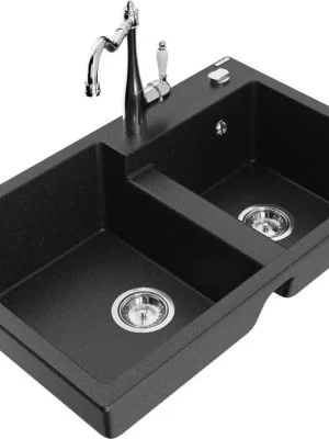 Značkový MEXEN/S - Tomas granitový dřez 2-bowl včetně baterie Carla, černá/stříbrná metalik 6516-73-670700-00