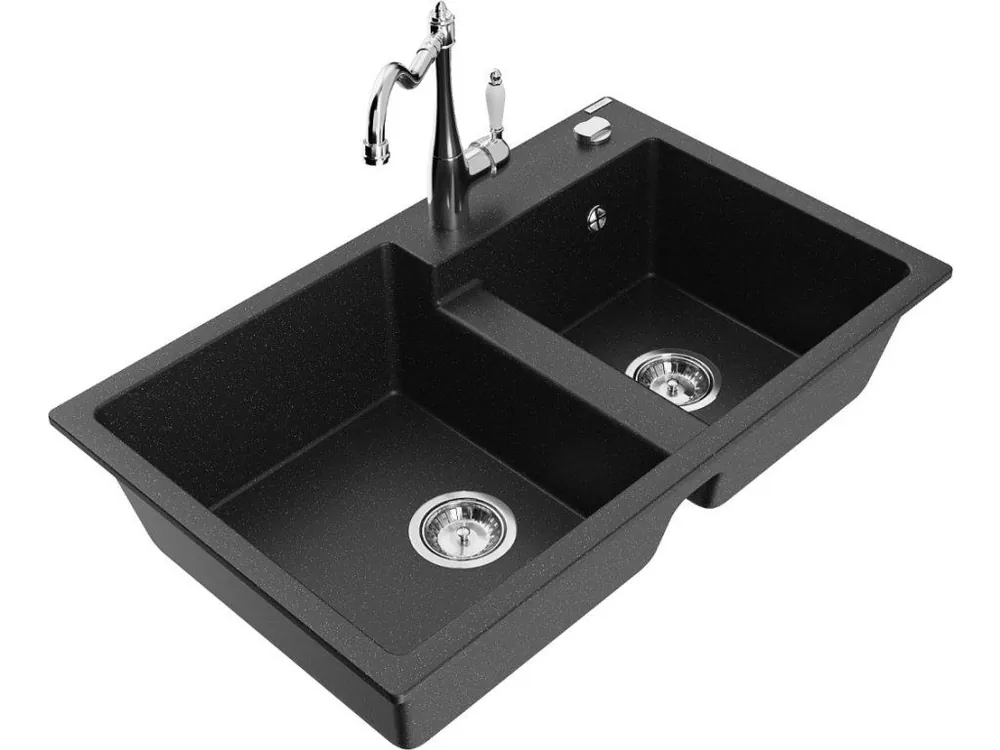 Značkový MEXEN/S - Tomas granitový dřez 2-bowl včetně baterie Carla, černá/stříbrná metalik 6516-73-670700-00