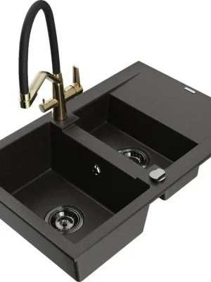 Značkový MEXEN/S - Gaspar granitový dřez 1.5 s odkapávačem včetně baterie Duo, černá/zlatá metalik 6507-75-671701-57-B