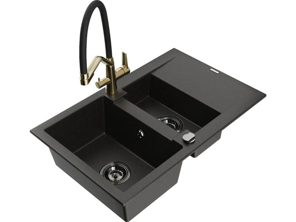 Značkový MEXEN/S - Gaspar granitový dřez 1.5 s odkapávačem včetně baterie Duo, černá/zlatá metalik 6507-75-671701-57-B