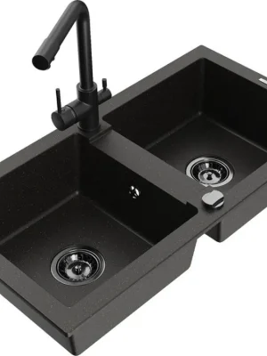 Zlevněný MEXEN/S - Mario granitový dřez 2-bowl včetně baterie Duero, černá/zlatá metalik 6504-75-671600-70-B
