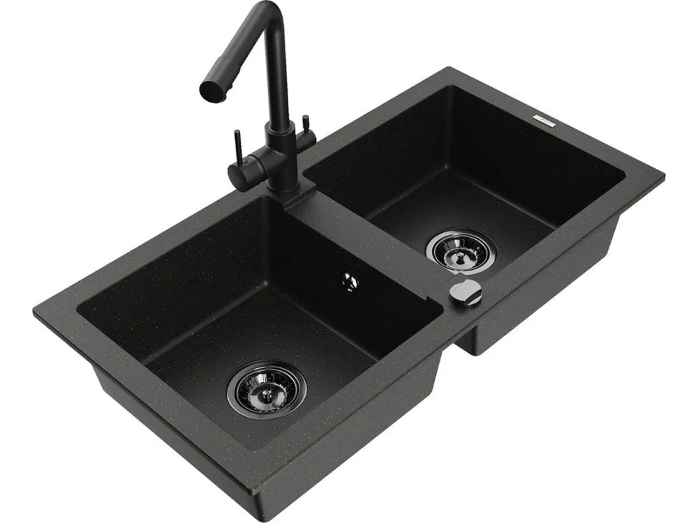 Zlevněný MEXEN/S - Mario granitový dřez 2-bowl včetně baterie Duero, černá/zlatá metalik 6504-75-671600-70-B